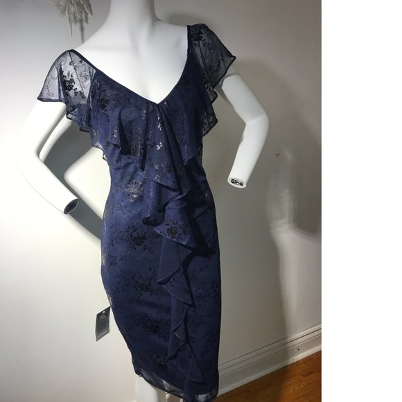Le Chateau Blue Foil Sheer Lace Formal Bodycon Ruffle Off- Shoulder Dress NWT - Picture 2 of 5
